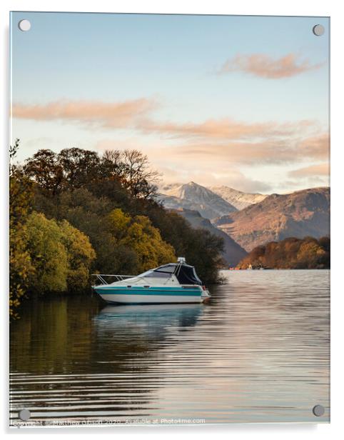 Landscape image of boat moored on Ullswater in Lake District with snowcapped mountains in background with beautiful vibrant Autumn Fall colors Acrylic by Matthew Gibson