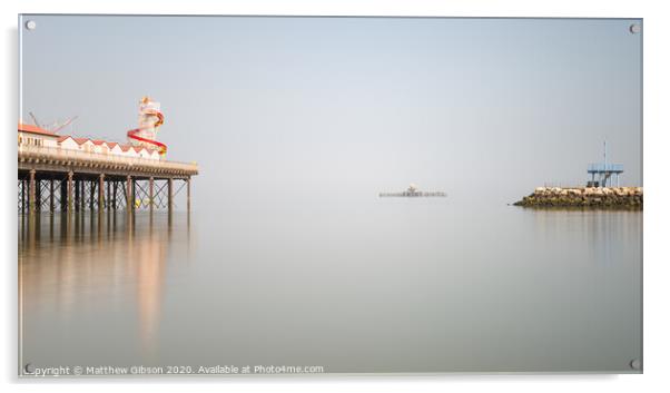 Minimalist fine art landscape image of colorful pier in juxtaposition with old derelict pier in background Acrylic by Matthew Gibson
