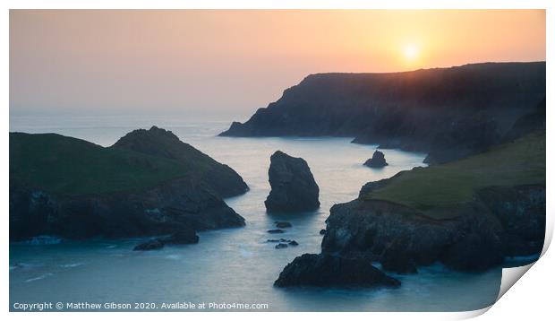 Stunning vibrant sunset landscape image of Kynance Cove on South Cornwall coast of England Print by Matthew Gibson