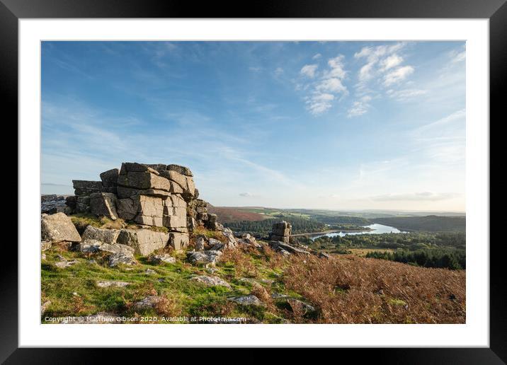 Stunning Autumn sunset landscape image of view from Leather Tor towards Burrator Reservoir in Dartmoor National Park Framed Mounted Print by Matthew Gibson