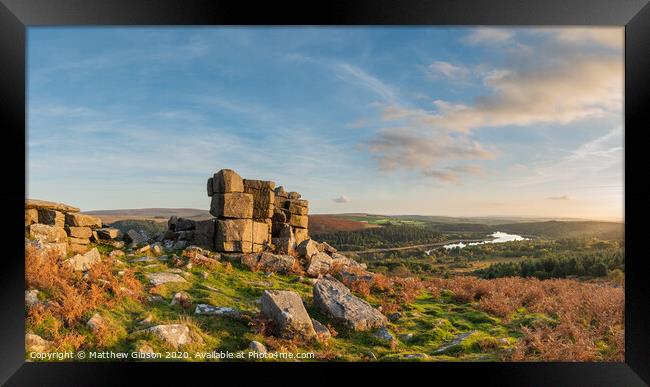 Stunning Autumn sunset landscape image of view from Leather Tor towards Burrator Reservoir in Dartmoor National Park Framed Print by Matthew Gibson