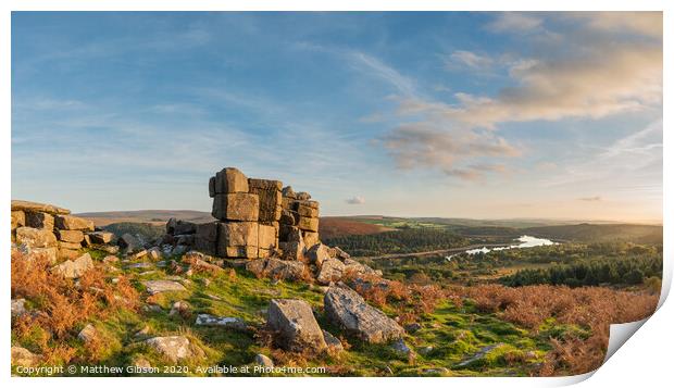 Stunning Autumn sunset landscape image of view from Leather Tor towards Burrator Reservoir in Dartmoor National Park Print by Matthew Gibson