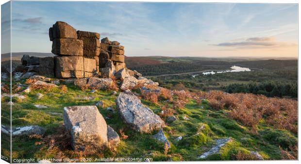 Stunning Autumn sunset landscape image of view from Leather Tor towards Burrator Reservoir in Dartmoor National Park Canvas Print by Matthew Gibson