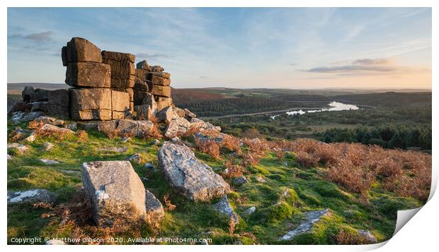 Stunning Autumn sunset landscape image of view from Leather Tor towards Burrator Reservoir in Dartmoor National Park Print by Matthew Gibson