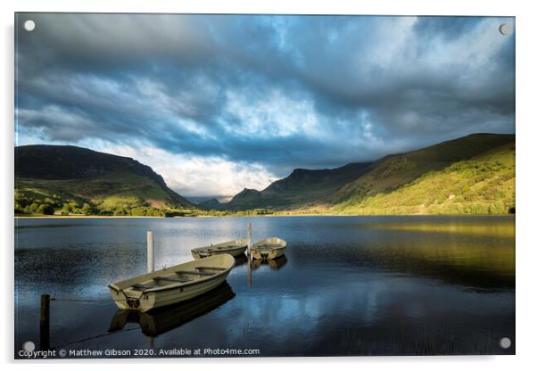 Landscape image of rowing boats on Llyn Nantlle in Snowdonia at sunset Acrylic by Matthew Gibson