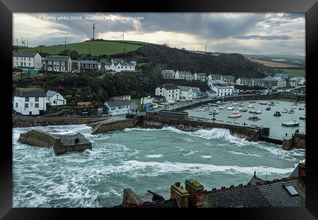 Majestic Storm at Porthleven Harbour Framed Print by kathy white