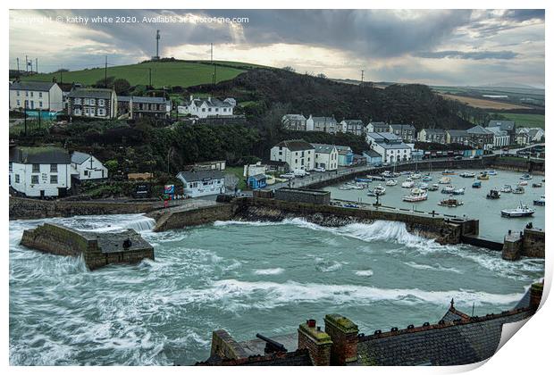 Majestic Storm at Porthleven Harbour Print by kathy white