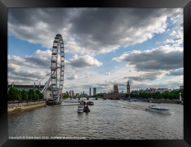 Thames with London Eye and the Parliament Framed Print by Frank Bach