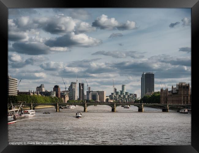 Thames with docklands and the Parliament Framed Print by Frank Bach