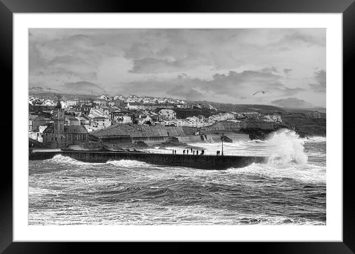 Porthleven Cornwall  storm watching Framed Mounted Print by kathy white