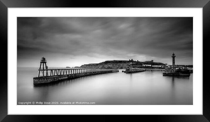 Whitby Piers in Black and White Framed Mounted Print by Phillip Dove LRPS