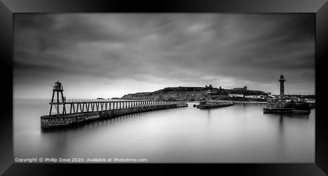 Whitby Piers in Black and White Framed Print by Phillip Dove LRPS