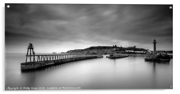 Whitby Piers in Black and White Acrylic by Phillip Dove LRPS