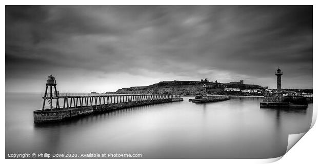 Whitby Piers in Black and White Print by Phillip Dove LRPS