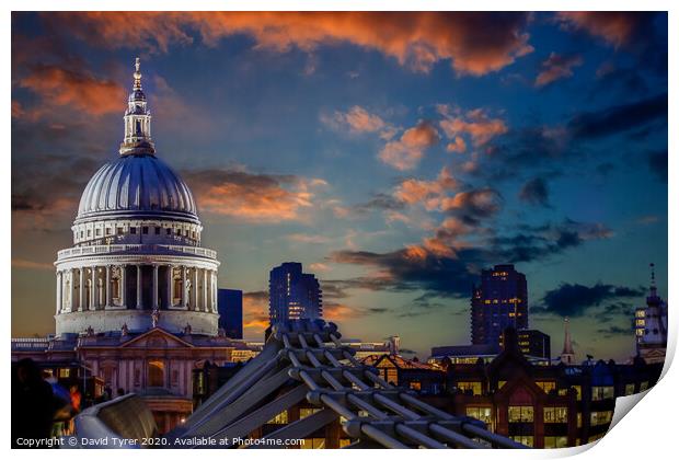 Illuminated St. Paul's Cathedral & Millennium Brid Print by David Tyrer