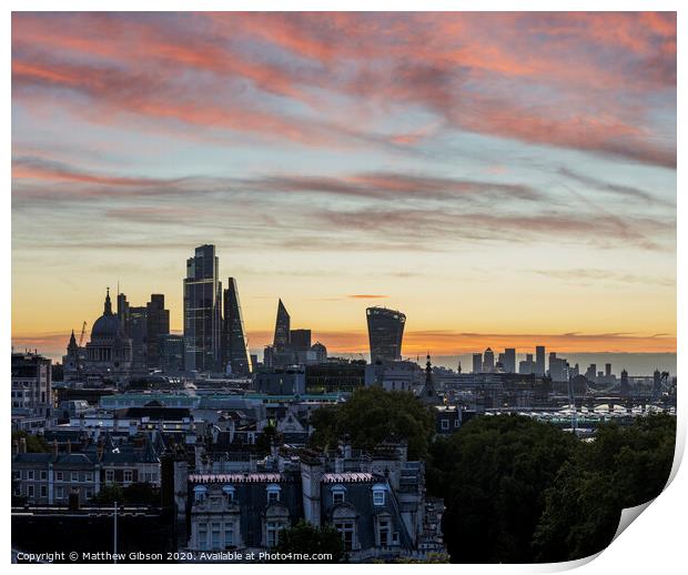Stunning beautiful landscape cityscape skyline image of London in England during colorful Autumn sunrise Print by Matthew Gibson