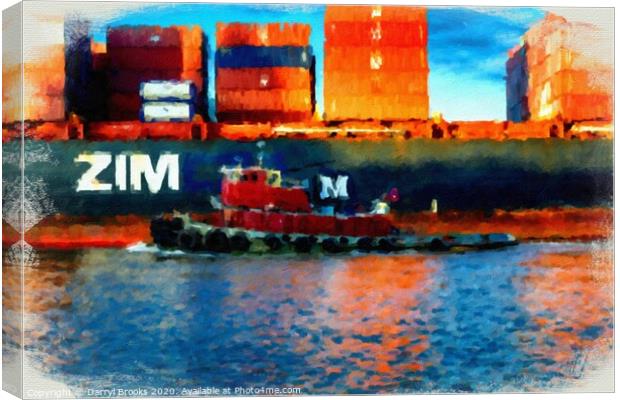 Tugboat and Zim Freighter Canvas Print by Darryl Brooks