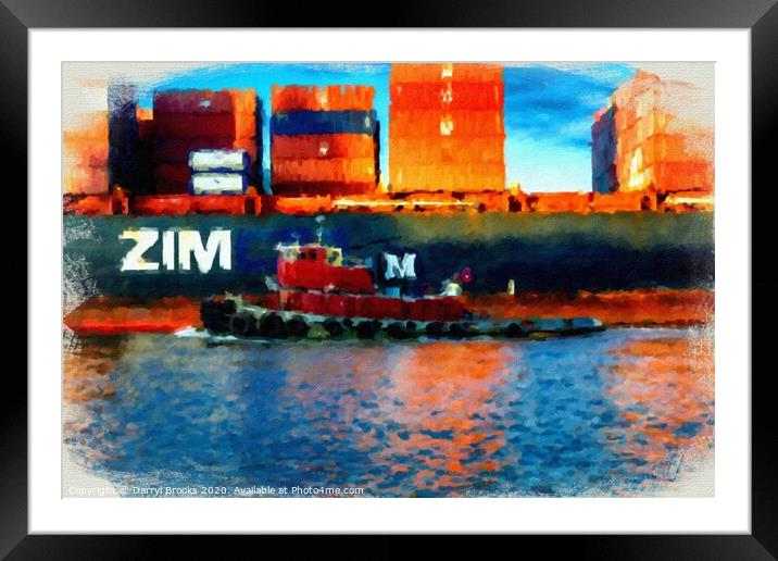 Tugboat and Zim Freighter Framed Mounted Print by Darryl Brooks