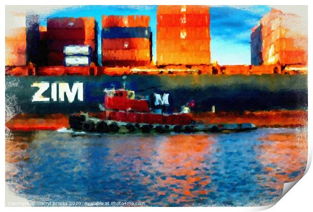 Tugboat and Zim Freighter Print by Darryl Brooks