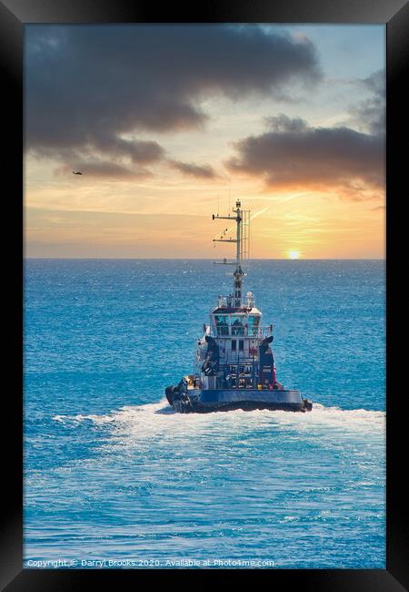 Tugboat Heading into Sunset Framed Print by Darryl Brooks