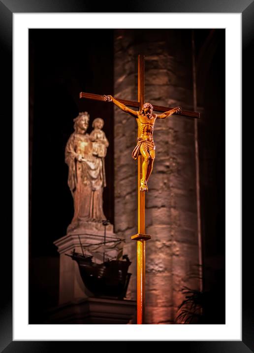 Cross indoor in the cathedral in Barcelona of Spain Framed Mounted Print by Arpad Radoczy