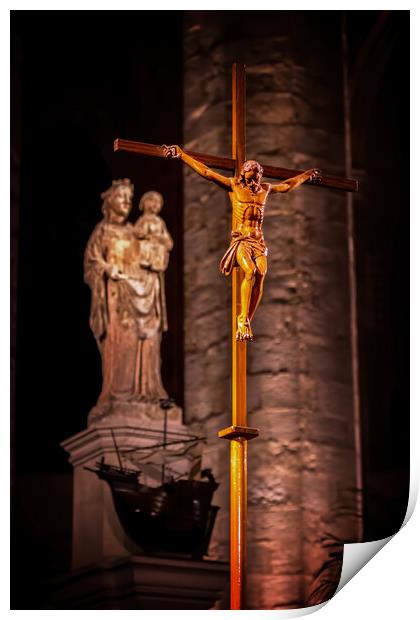 Cross indoor in the cathedral in Barcelona of Spain Print by Arpad Radoczy