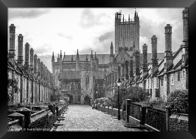 A rainy view of Vicars' Close, Wells Framed Print by Sue Knight