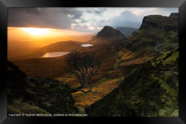 Forced Aura – Quiraing lone tree, Isle of Skye Sun Framed Print by Graham Binns