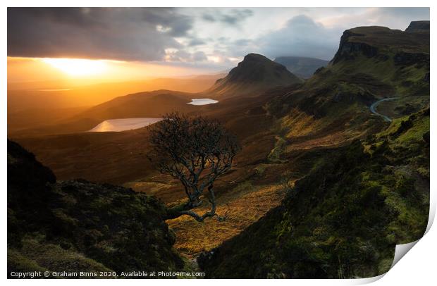 Forced Aura – Quiraing lone tree, Isle of Skye Sun Print by Graham Binns