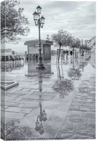 Reflections on the Zatere Waterfront, Venice Canvas Print by Jean Gill