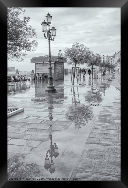 Reflections on the Zatere Waterfront, Venice Framed Print by Jean Gill