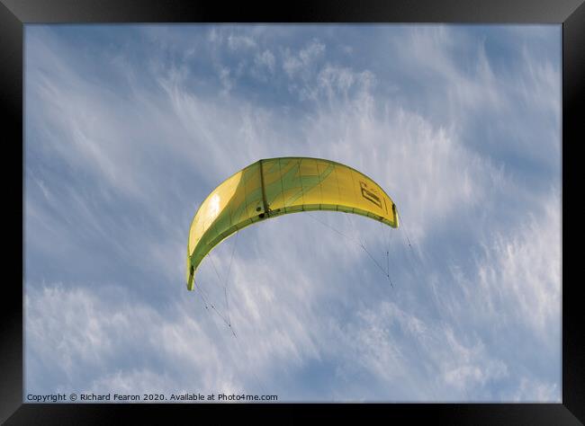 Yellow Kite Surf Flying Framed Print by Richard Fearon