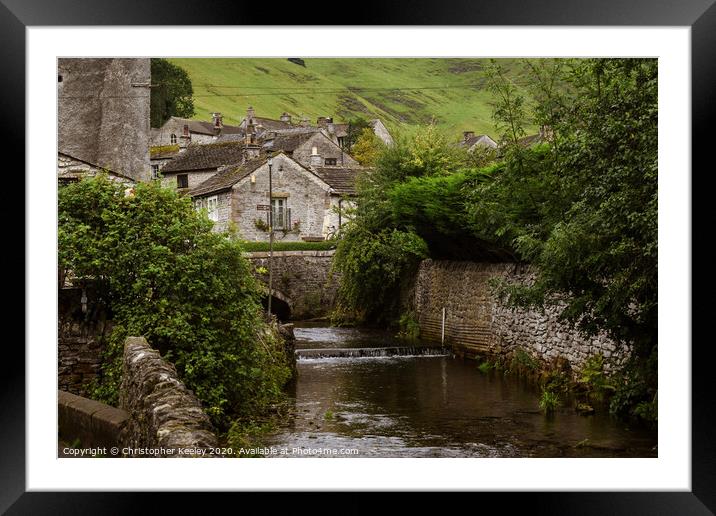 Castleton stream and cottages Framed Mounted Print by Christopher Keeley