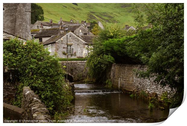 Castleton stream and cottages Print by Christopher Keeley