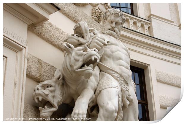 Antique scene of fight between man and mythical creatures on The Hofburg palace in Vienna Print by M. J. Photography