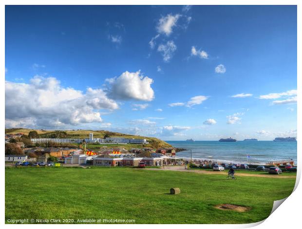 Bowleaze Cove and Ships Print by Nicola Clark