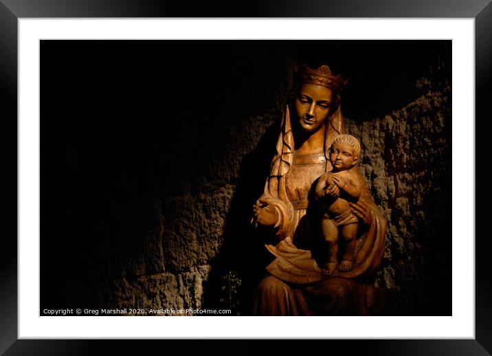 Madonna and Jesus statue illuminated Framed Mounted Print by Greg Marshall