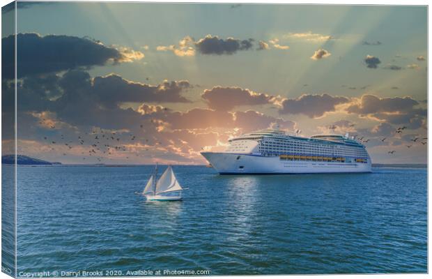 Sailboat and Cruise Ship at Sunset Canvas Print by Darryl Brooks