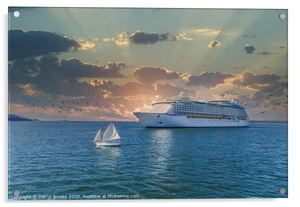 Sailboat and Cruise Ship at Sunset Acrylic by Darryl Brooks