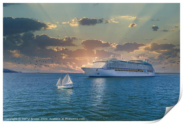 Sailboat and Cruise Ship at Sunset Print by Darryl Brooks