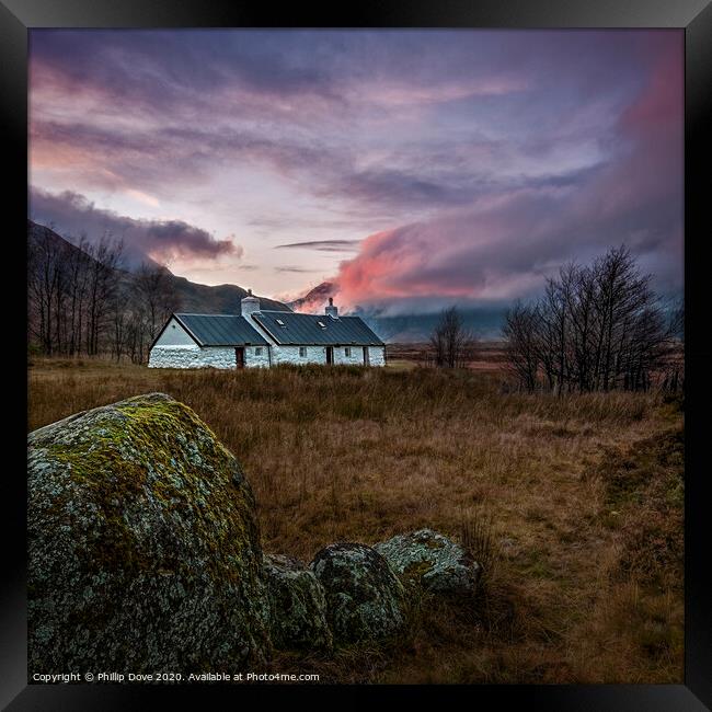Blackrock Cottage under Fiery Sky Framed Print by Phillip Dove LRPS