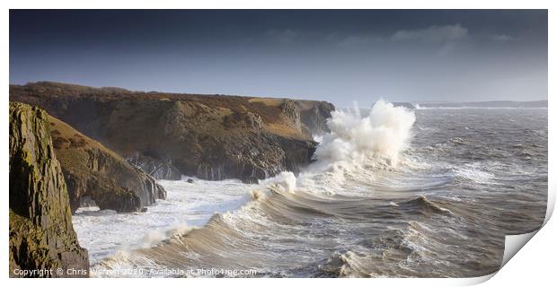 Waves crashing on the coastline in Pembrokeshire Print by Chris Warren