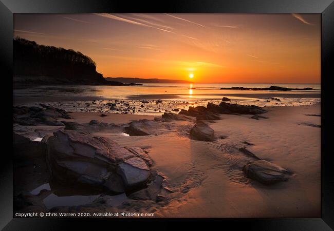Sunrise reflection on the beach Saundersfoot Pembr Framed Print by Chris Warren