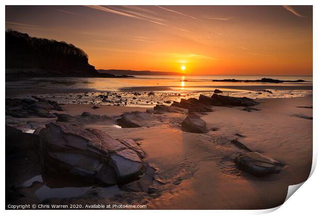 Sunrise reflection on the beach Saundersfoot Pembr Print by Chris Warren