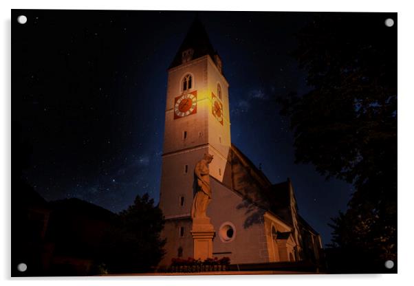 A clock tower lit up at night. Spitz village. Wachau valley. Austria. Acrylic by Sergey Fedoskin