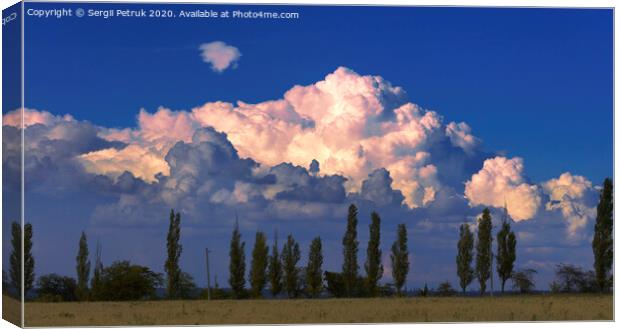 A large beautiful cloud in the sunset rays of sunlight hung over slender poplars Canvas Print by Sergii Petruk