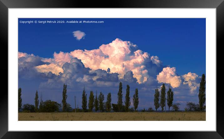 A large beautiful cloud in the sunset rays of sunlight hung over slender poplars Framed Mounted Print by Sergii Petruk
