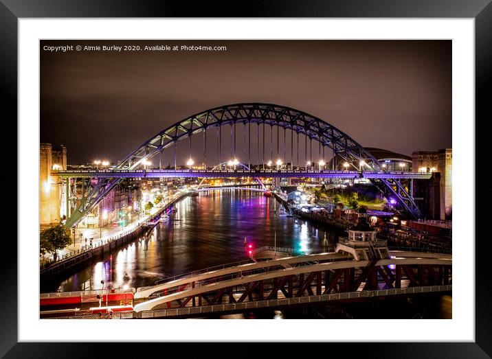 Newcastle Bridges by Night Framed Mounted Print by Aimie Burley