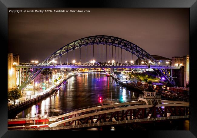 Newcastle Bridges by Night Framed Print by Aimie Burley
