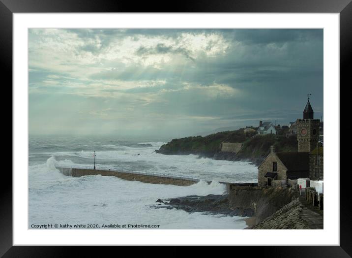 Porthleven Cornwall with the clock tower and storm Framed Mounted Print by kathy white